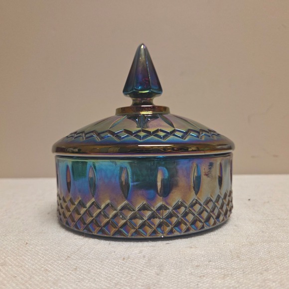 Indiana Glass Other - Vintage Blue Carnival Glass Trinket Dish with Lid Iridescent Oil Slick Jar